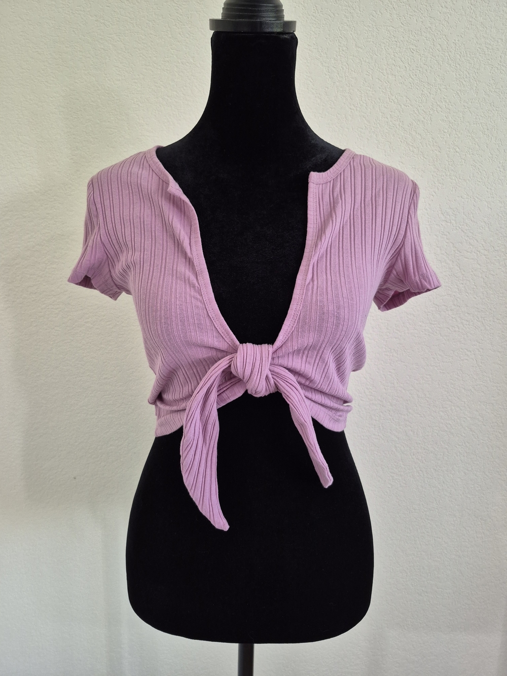 Love Tree Ribbed Tie-Front Crop Top - Lavender Pink
